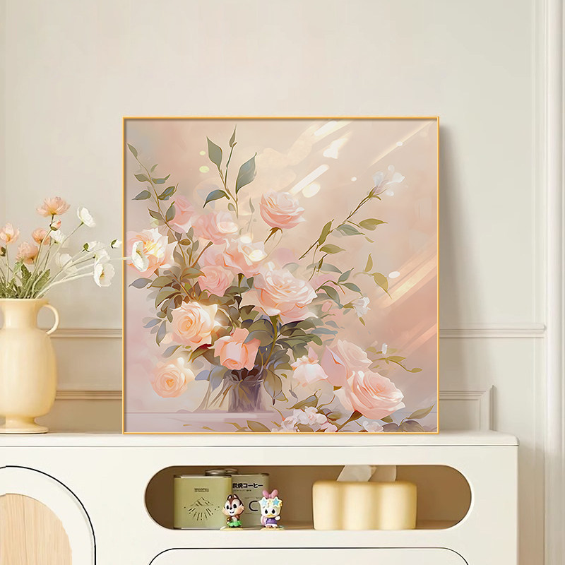 奶油风桌面摆画高级客厅电视柜装饰画玫瑰花餐厅壁画卧室床头挂画