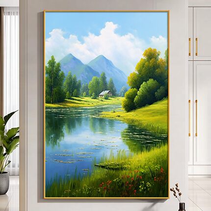 流水生财入户进门装饰画客厅背景墙挂画玄关走道餐厅山水风景壁画