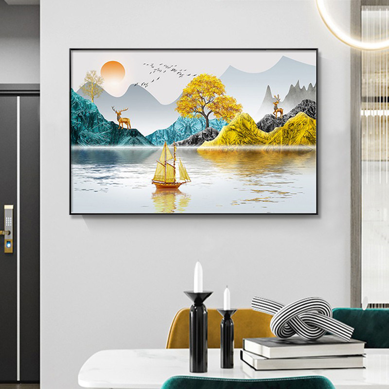 现代轻奢客厅挂画餐厅装饰画横版餐边柜挂画入户玄关走廊过道壁画