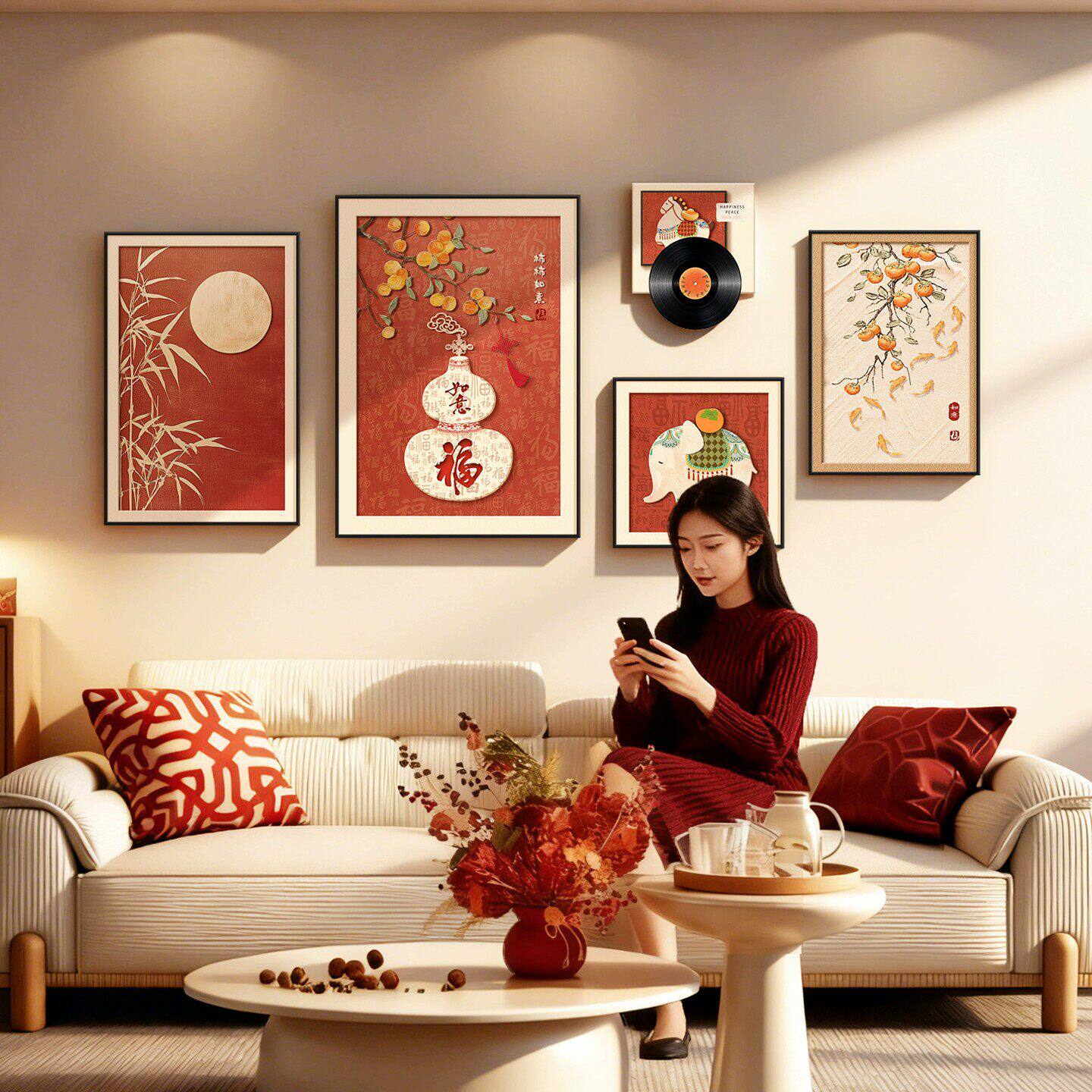 新中式客厅沙发背景墙装饰画2026新款葫芦福字挂画新年喜庆墙壁画