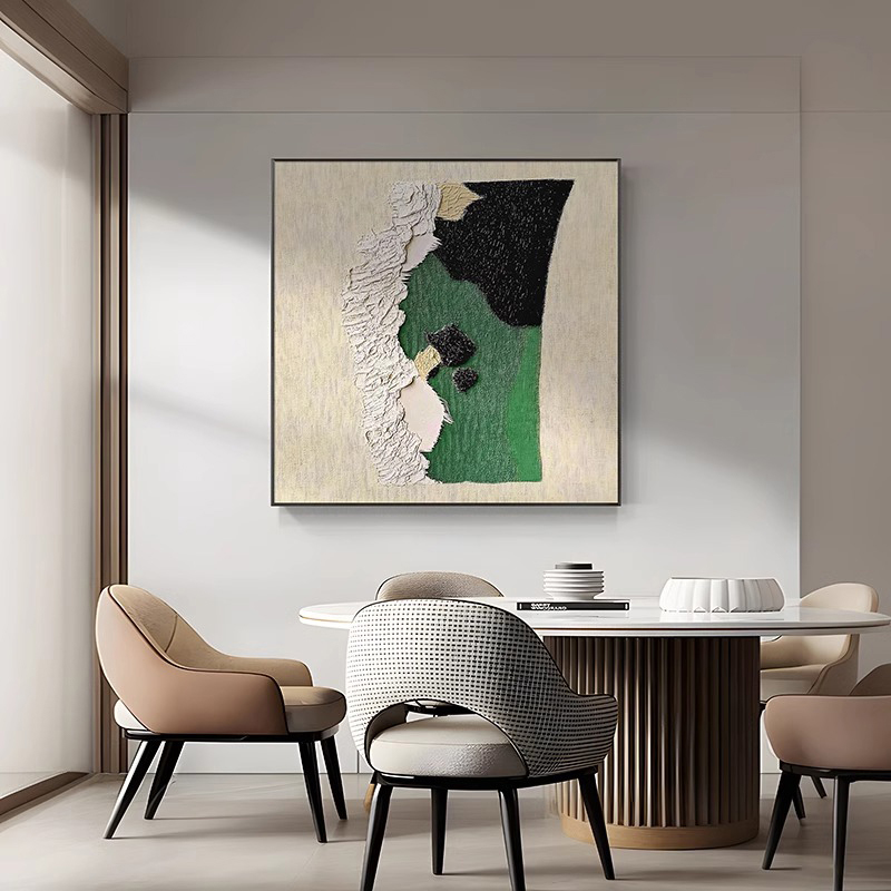 《绿野生机》大芬油画村绿色北欧餐厅装饰画个性抽象客厅方形壁画图片
