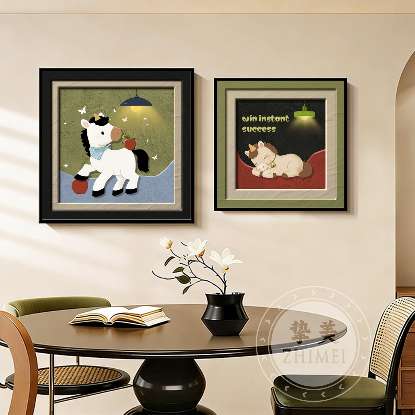 中古风餐厅装饰画多巴胺小马客厅沙发背景墙挂画法式卧室床头壁画