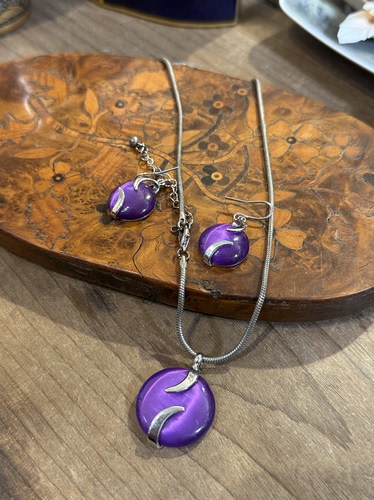 中古默认微瑕不退不换  特价茄子色琉璃套装合金项链 意大利