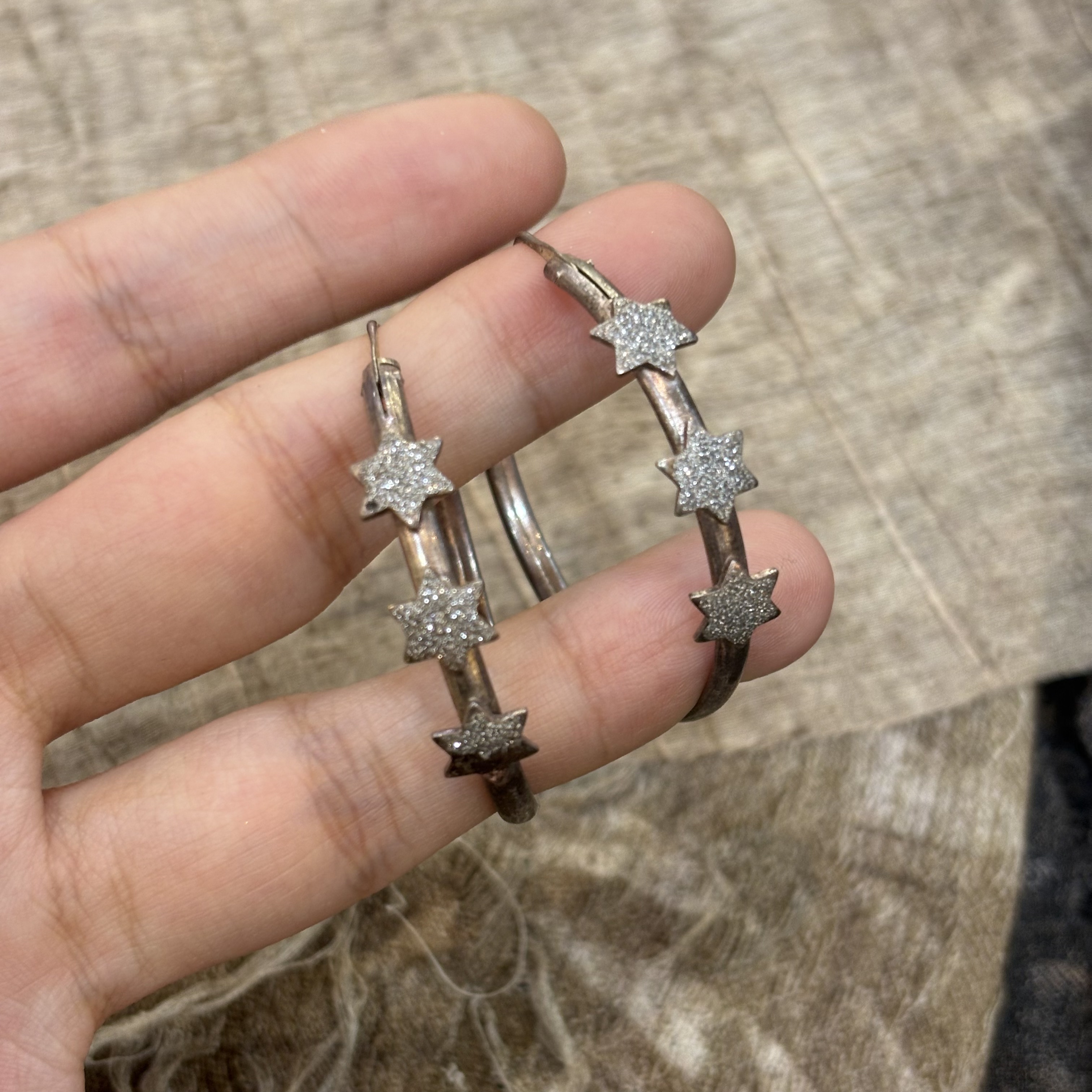 中古默认微瑕不退换 钻石喷砂六芒星银耳圈耳环 意大利