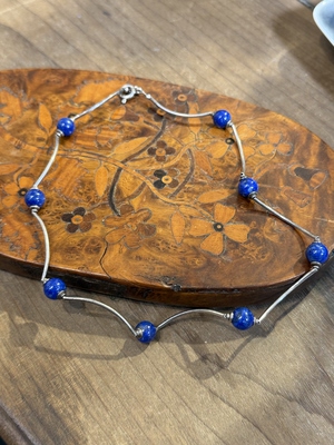 中古默认微瑕不退不换  青金石波浪银项链 意大利