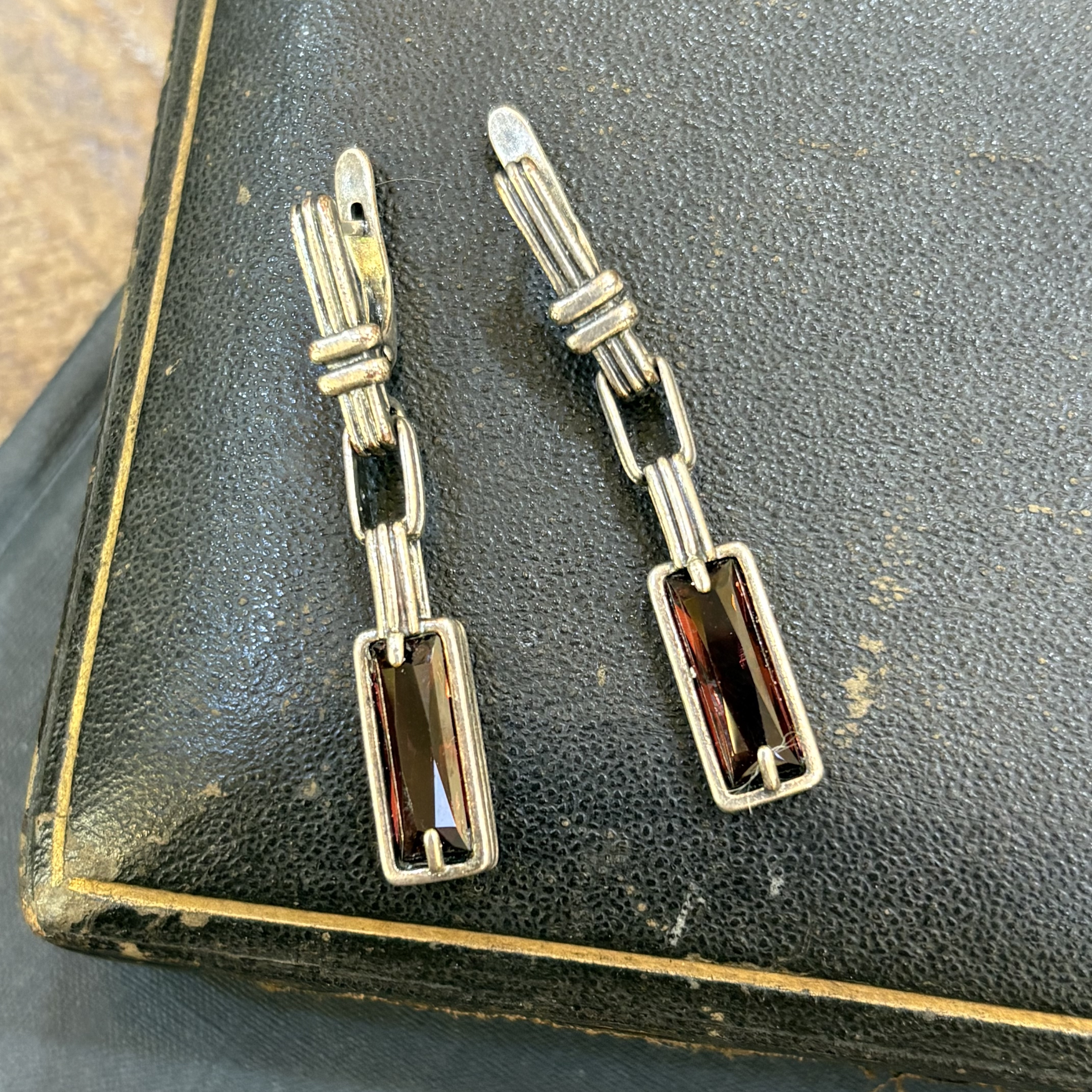中古默认微瑕不退不换 茶晶几何方形银耳环 验银66