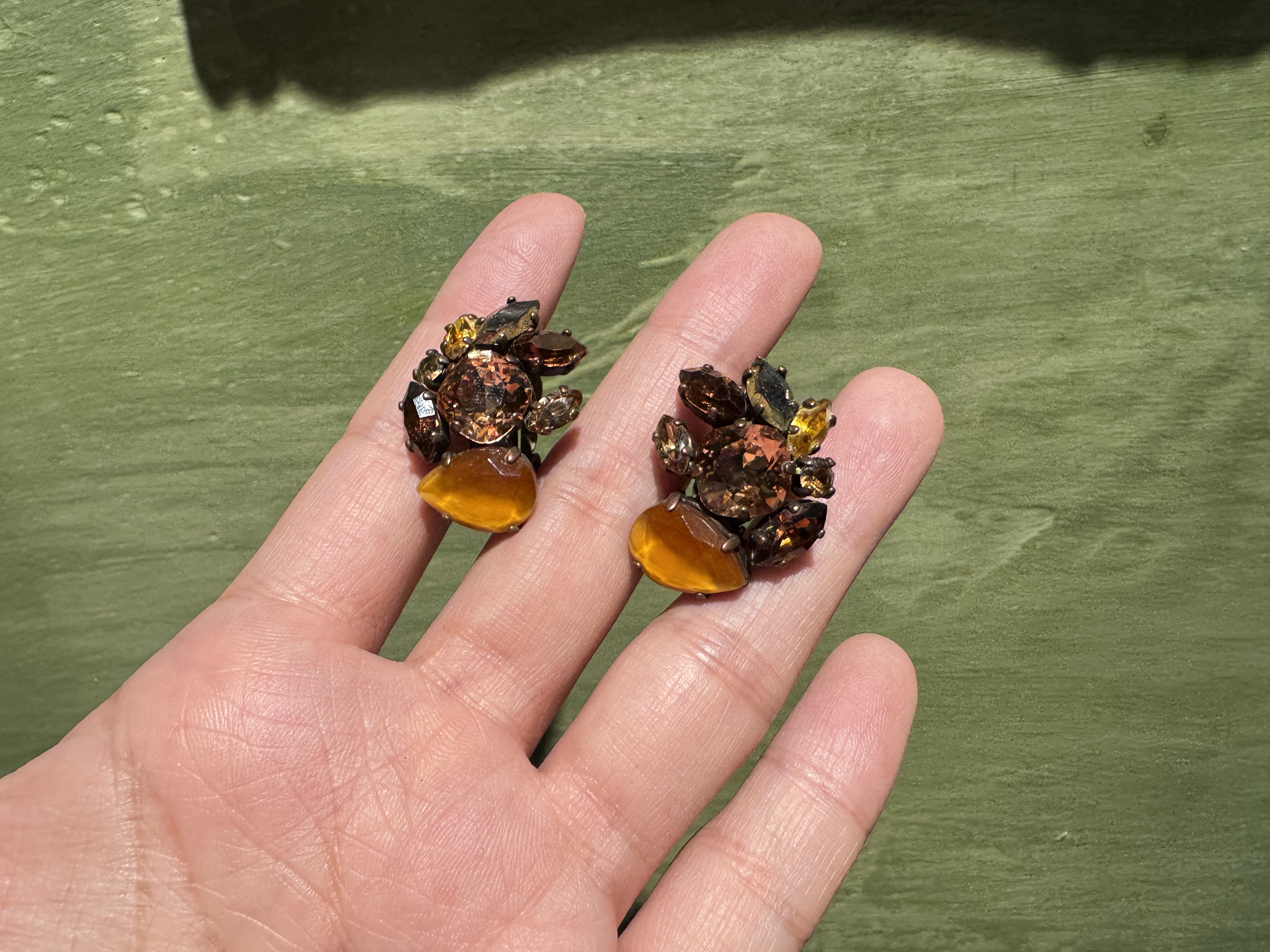 中古默认微瑕不退不换  法产莱茵石琉璃铜耳夹 意大利