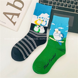 小鸟周边 满29元 精梳棉女中筒袜 和尚鹦鹉棉袜 蓝绿黄和尚 包邮