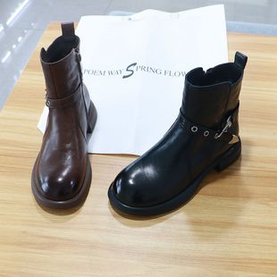 诗路花语短靴女2025秋冬真皮皮带扣切尔西靴经典 2601 软底皮靴661