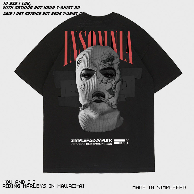 美国西海岸街头匪帮头套蒙面人像印花t恤男潮牌短袖宽松纯棉潮流