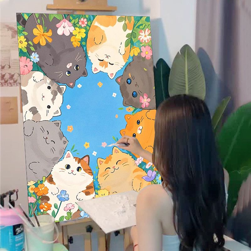 猫咪女孩数字油画diy填色高级感治愈解闷简单手工填充丙烯装饰画图片