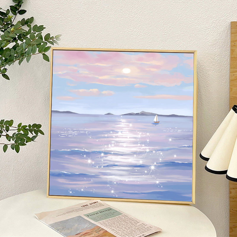 数字油画diy海滩风景手工填色填充丙烯油彩画简单减压治愈装饰画
