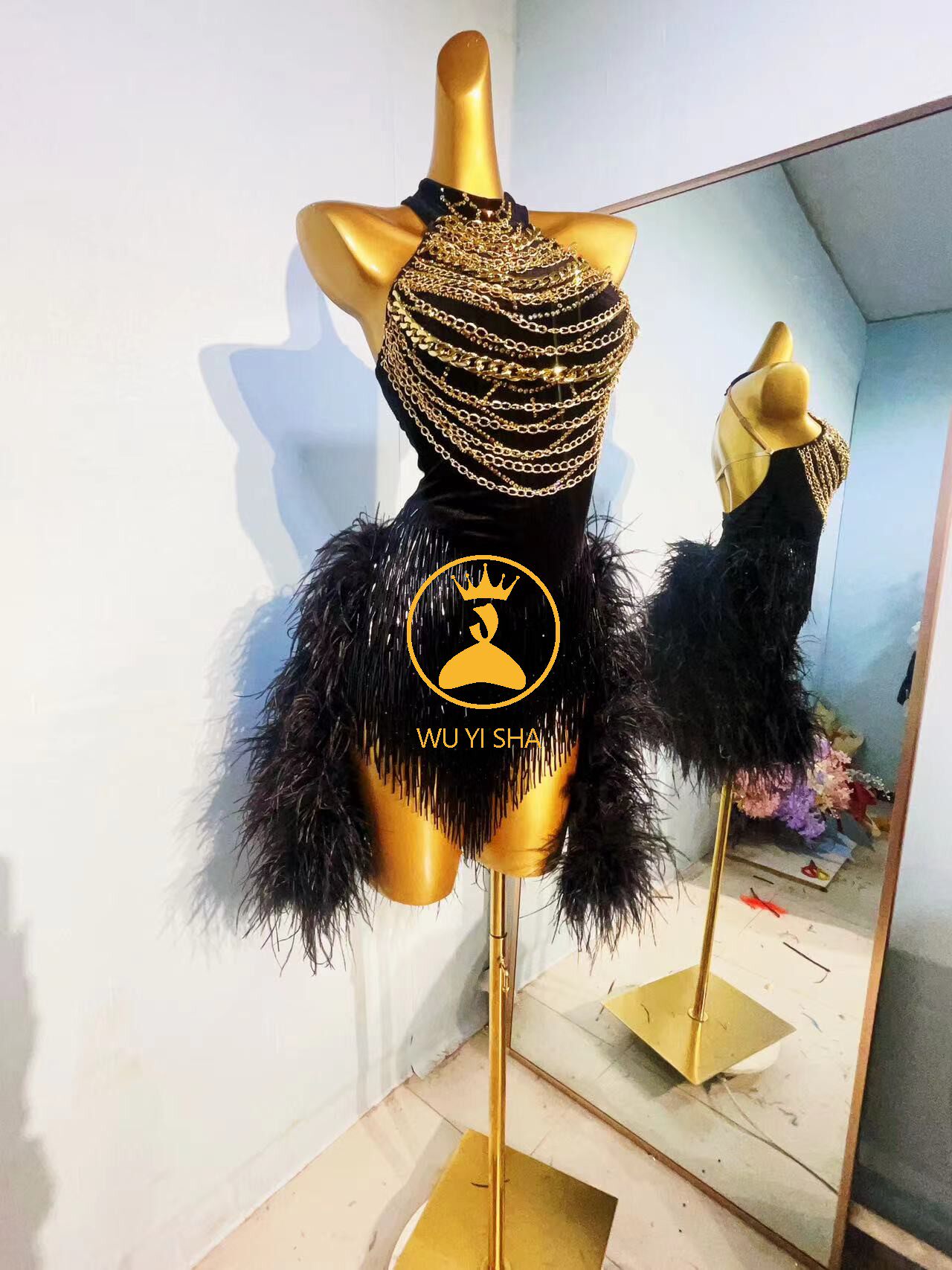 舞忆莎鸵鸟毛高档新款拉丁舞服少儿女童拉丁舞表演比赛服2592