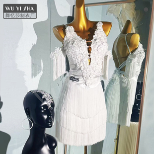 蓝色拉丁舞高级版 比赛2496 练功服花服成人女儿童练习服流苏新款