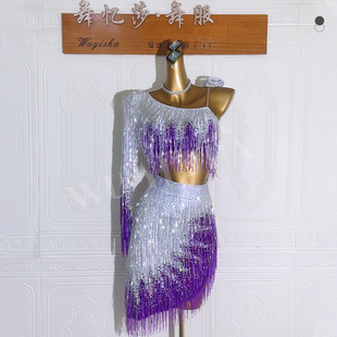 黄色儿童拉丁舞演出服新款女水晶管成人高档流苏裙舞蹈比赛服2368