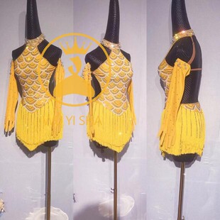 新款黄色好看的拉丁舞裙比赛连体衣服高端专业驼鸟毛演出服装2389