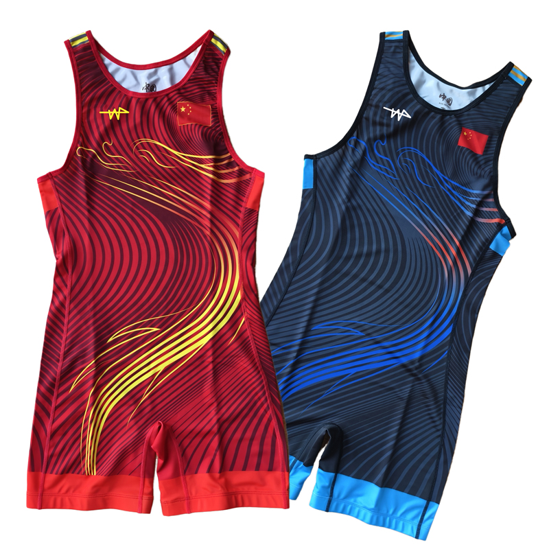 2024中国龙巴黎版 中国队男子摔跤服 高领口连体龙跤衣可印字LOGO