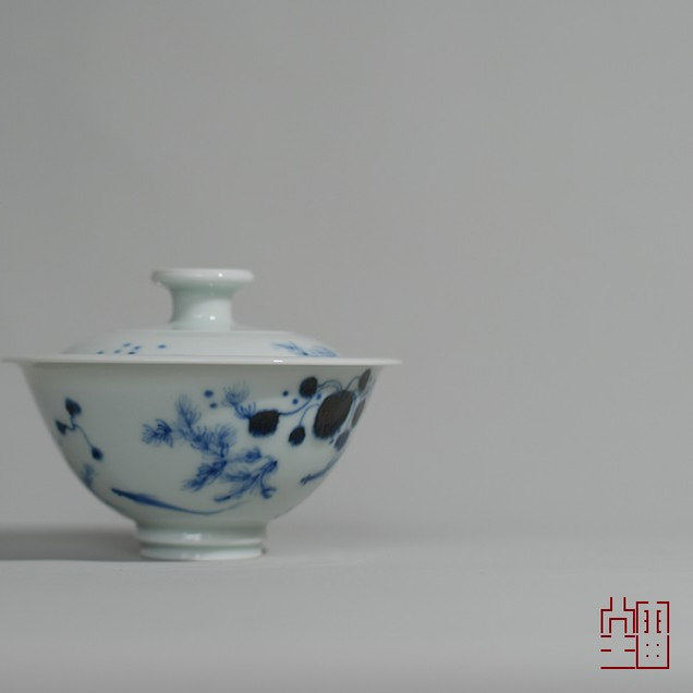 『颂雅琴社』雷堂茶器 青花海水纹鱼藻尚乐盖碗 中号 三才碗 中式