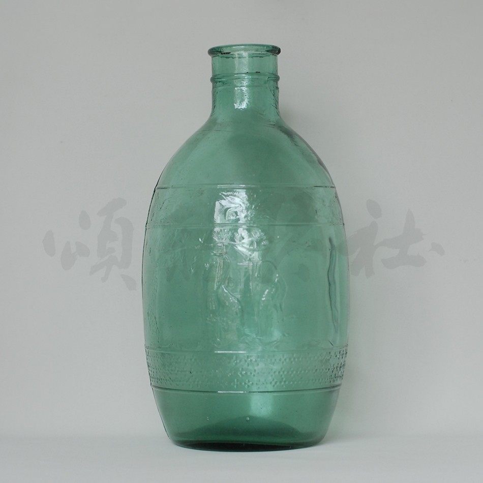 『颂雅琴社』松鹤图绿玻璃花瓶 古董老物 瓶口旧伤 花入花器 插花