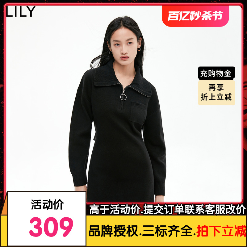 【商场同款】LILY2022冬新款女装优雅复古大翻领针织连衣裙小黑裙