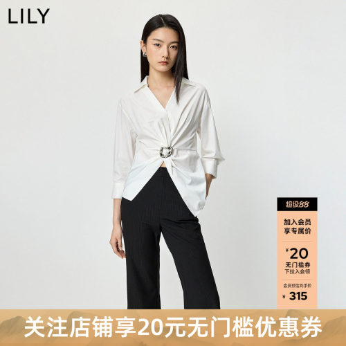 LILY2026夏新款设计感翻领简约休闲通勤收腰白色七分袖衬衫外套女