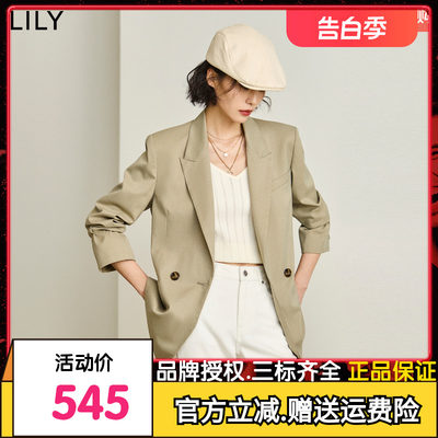 LILY2024春新款女装商务都市通勤款复古双排扣四叶草休闲西装外套