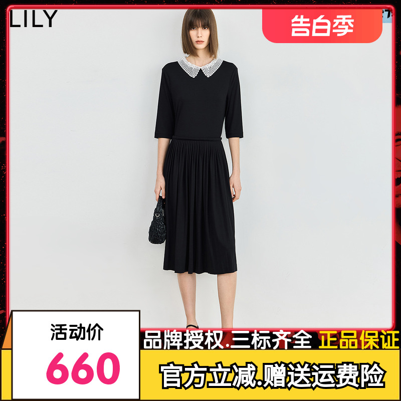 LILY2024夏新款女装设计感撞色蕾丝领气质高腰显瘦连衣裙小黑裙女-封面