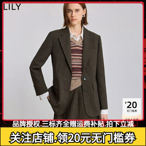 【商场同款】LILY2025秋新款羊毛混纺老钱风不对称修身西装外套女