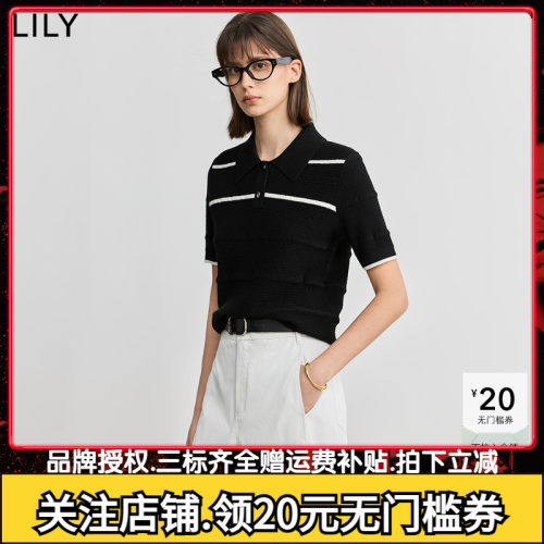 LILY2025春新款女装经典复古POLO领撞色百搭职业通勤黑色针织衫