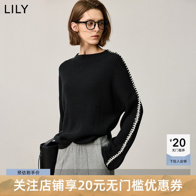 LILY2025冬新款女装羊毛混纺撞色立体线条套头圆领黑色针织衫毛衣