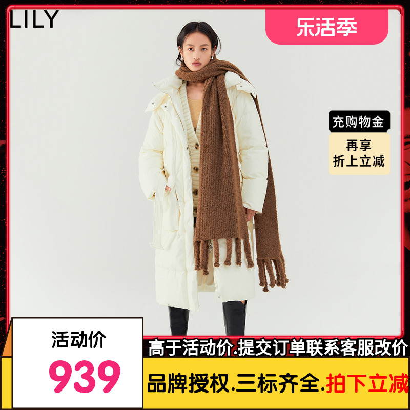 【商场同款】LILY2022冬新款女装保暖鹅绒时尚腰带连帽长款羽绒服