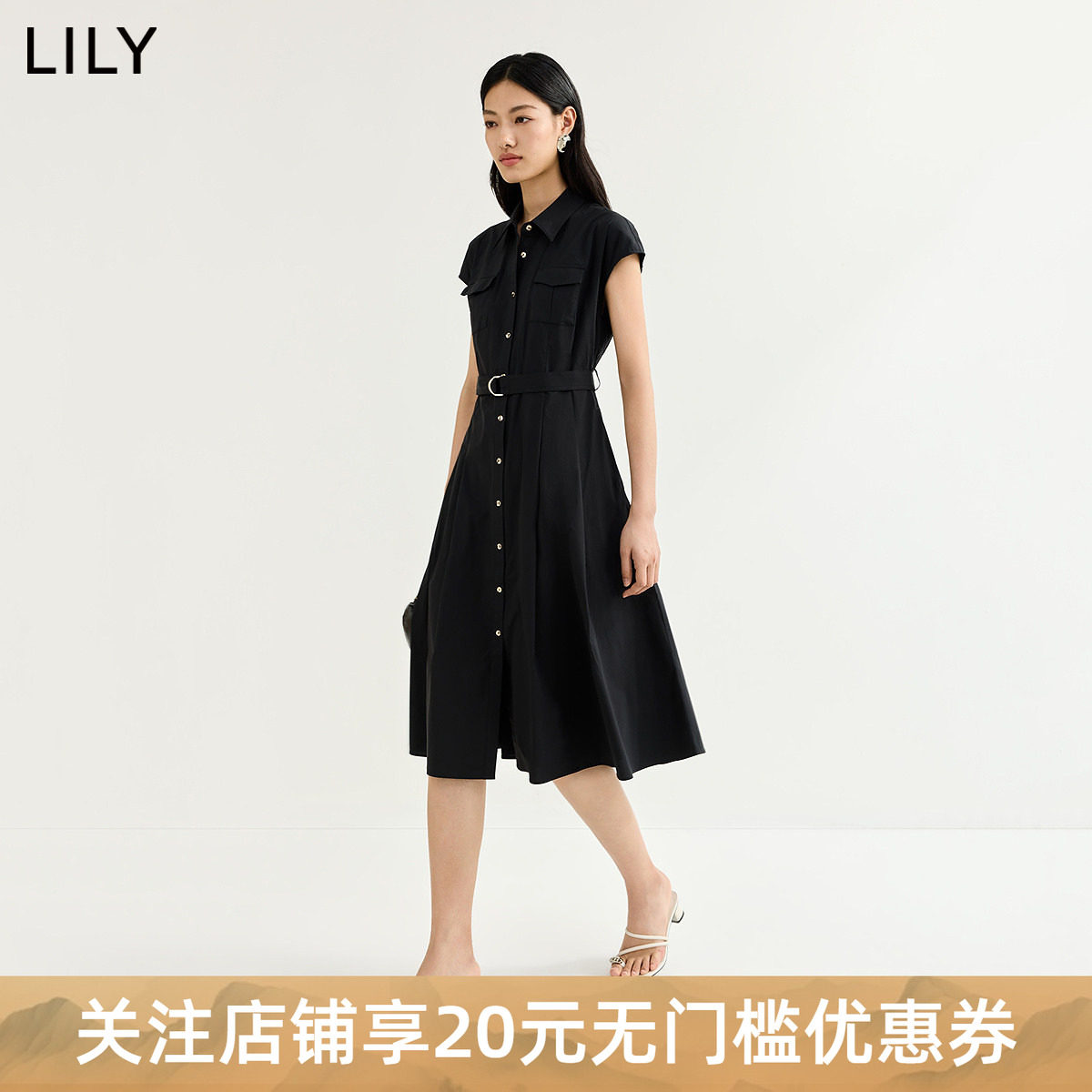 【轻塑连衣裙】商场同款LILY2026夏新款翻领收腰复古赫本裙女裙子