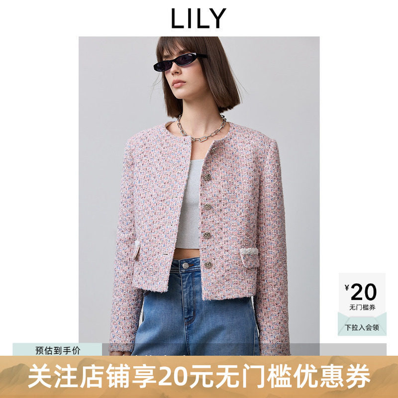 灵动小香LILY2025春含绵羊毛粗花呢粉色千金小香风圆领短外套女