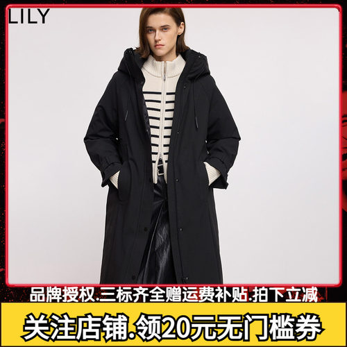LILY2025冬新款含羊毛醋酸抽绳连帽宽松通勤黑色羽绒服外套女长款