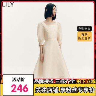 LILY2022秋新款女装气质优雅纯色高级感洋气法式方领高腰款连衣裙