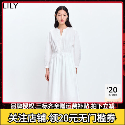 LILY2026春新款女装法式蕾丝拼接收腰休闲气质通勤白色长袖连衣裙
