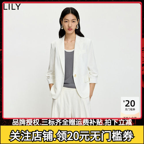 LILY2026夏新款女装莱赛尔亚麻混纺老钱收腰气质通勤白色西装外套