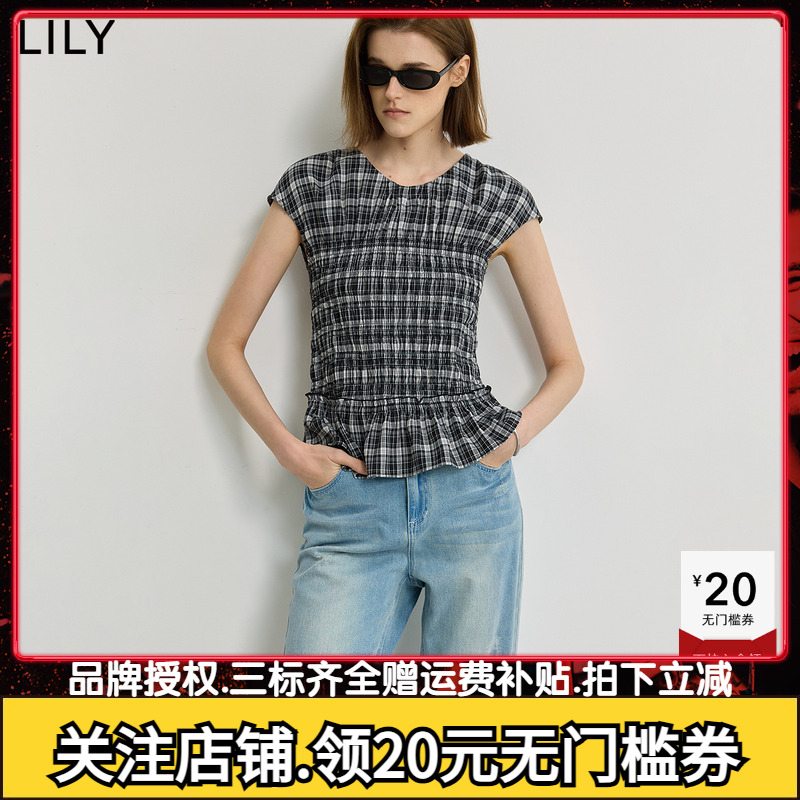 LILY2025夏新款女装复古黑白格纹花边圆领小飞袖修身休闲套头衫