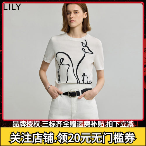 【商场同款】LILY2025秋新款女装撞色小鹿线条提花休闲短袖针织衫