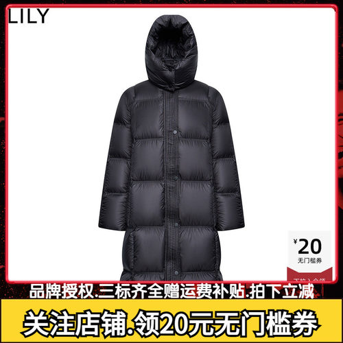 LILY2026春新款女装复古连帽立领90鸭绒宽松黑色羽绒服外套长款