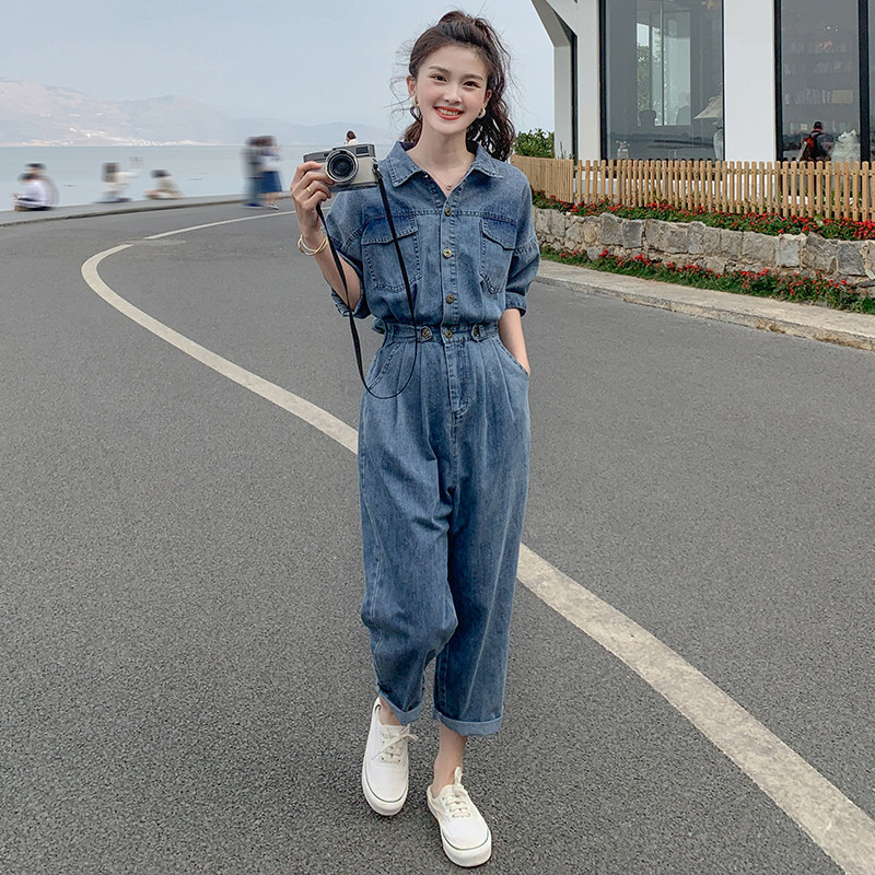 工装牛仔连体裤女春夏薄款2024新款高级感小个子九分连身衣裤套装