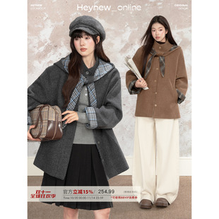 LOVEHEYNEW复古格纹连帽可拆卸毛呢外套女冬季宽松中长款连帽上衣