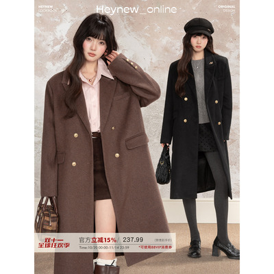 【绵羊毛】LOVEHEYNEW呢子大衣黑色中长款学院女冬加厚毛呢外套