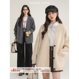 LOVEHEYNEW复古慵懒V领毛衣针织开衫外套女秋冬纯色休闲宽松上衣