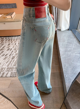 2024夏爆款阔腿牛仔裤女新款窄版新中式国风重工红色刺绣高腰直筒