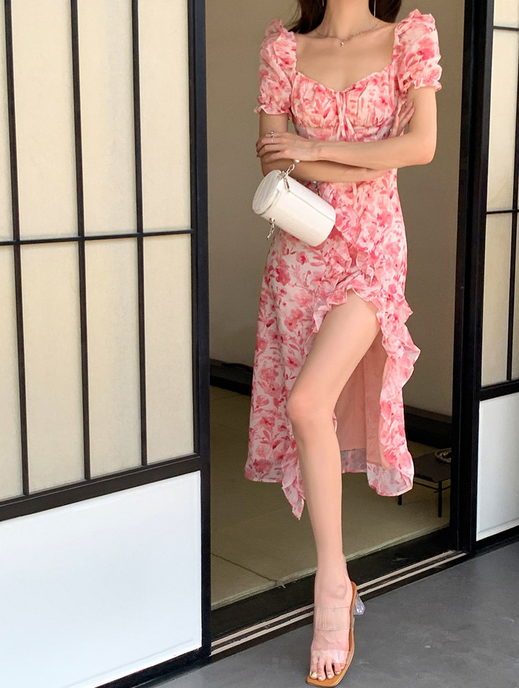 实拍2022夏装新款粉色甜美短连衣裙