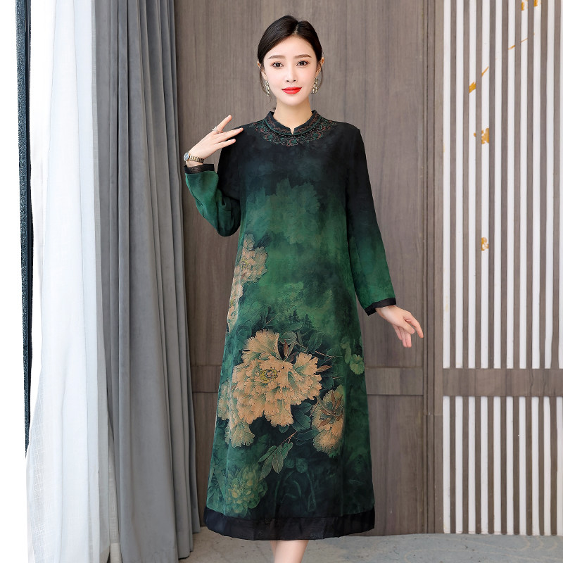 女士精品2024香云纱连衣裙女品牌高档春夏长袖绢纺真丝桑蚕丝典雅