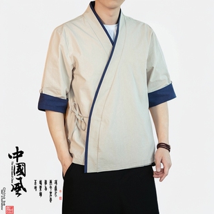 夏季改良明制斜襟汉服半臂交领短袖衬衫男士横卧领复古棉麻唐装