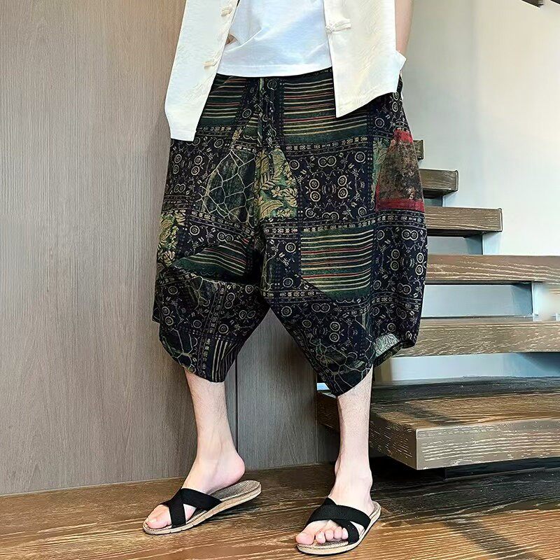 泰国灯笼裤子男夏季民族风印花阔腿七分裤男宽松大码胖子沙滩短裤