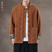 保暖夹克 外套中国风对襟拼色中山装 新中式 秋冬复古盘扣羊羔绒唐装